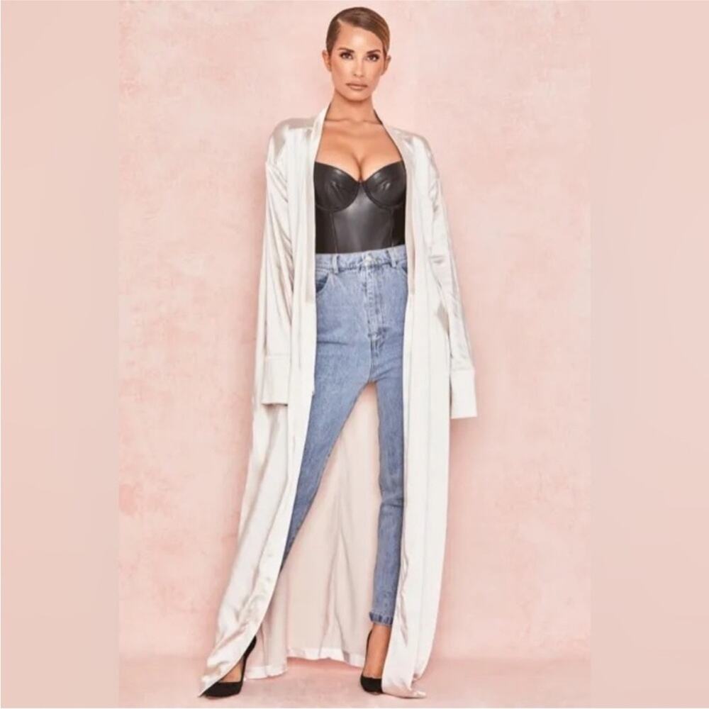 HOUSE OF CB Leilani Cream Silky Duster Cardigan Elegant Satin Long Coat